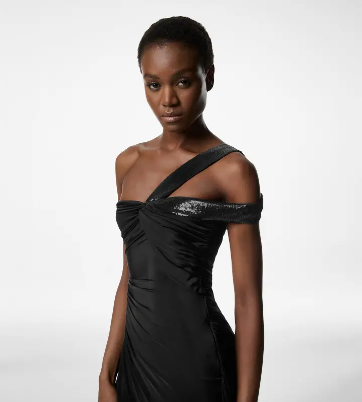 ONE SHOULDER TWIST FRONT EVENING DRESS BLACK online